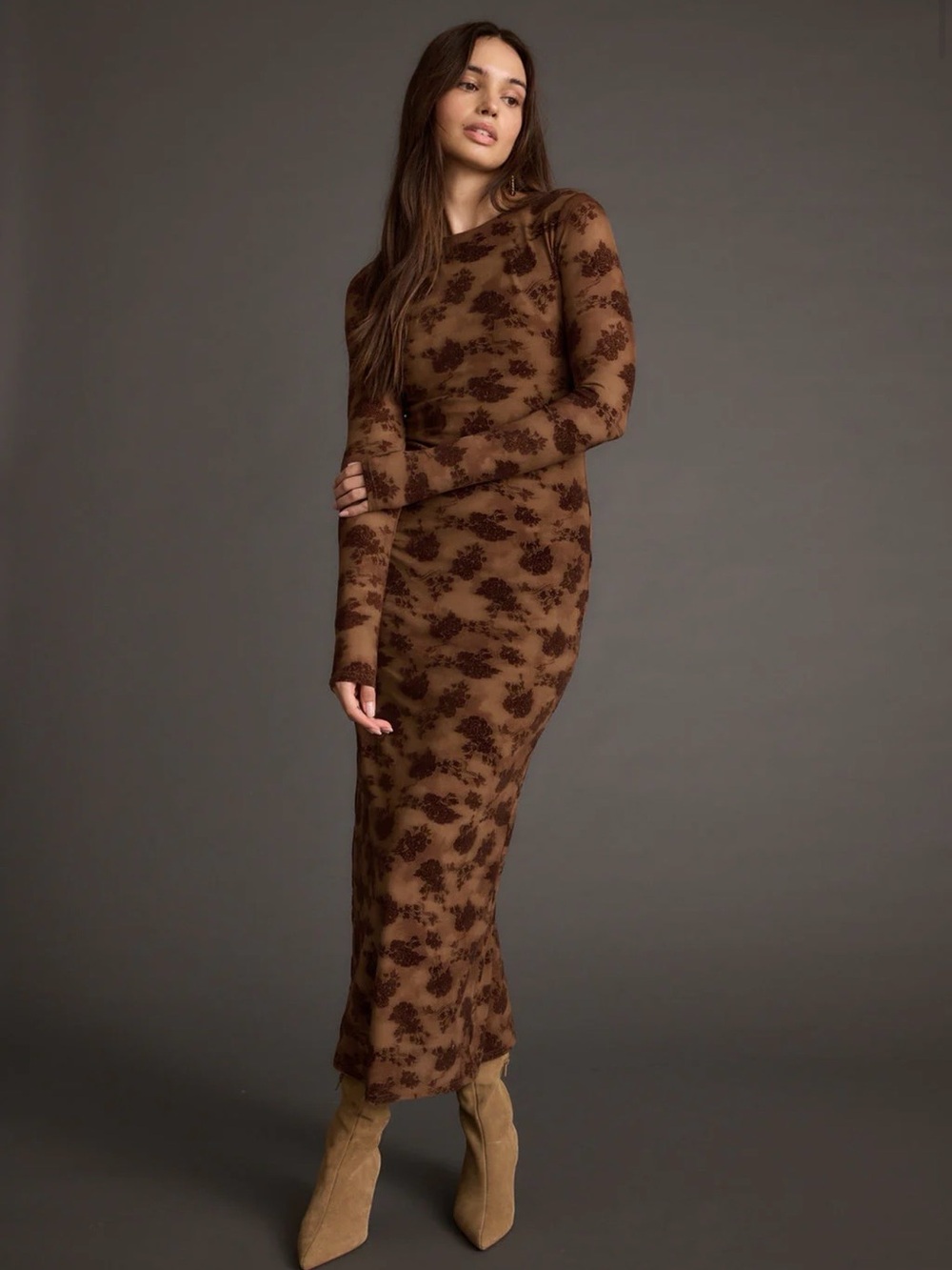 12th Tribe Brown Floral Long-Sleeve Maxi Dress - Picture 4 of 4